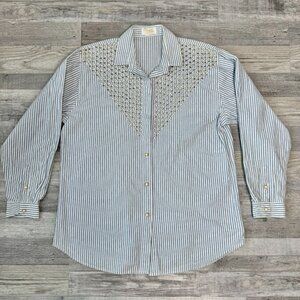 Marshall Rousso blue white stripe studded button down womens size large/XL O49